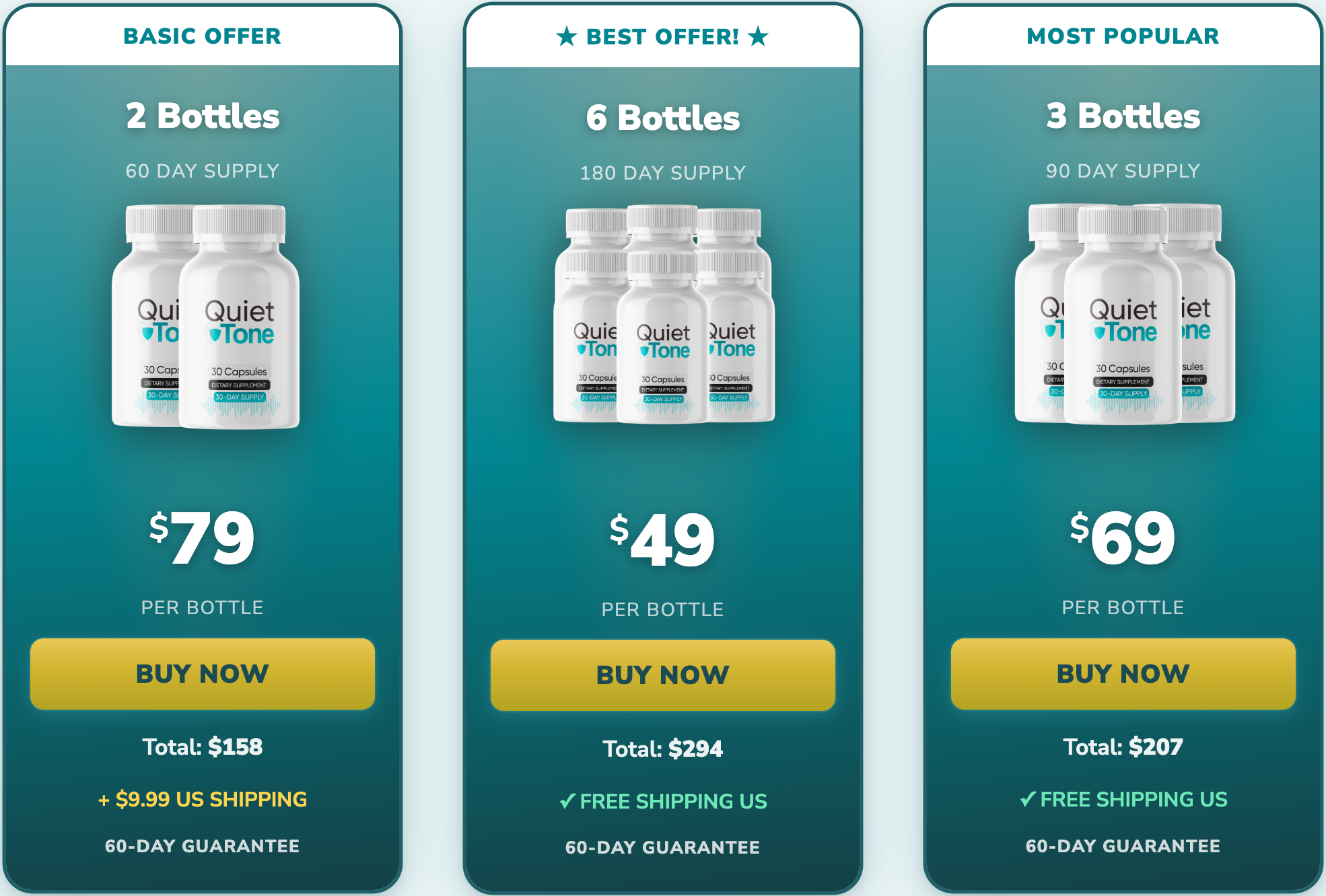 QuietTone bundle options: two bottles at $79 each, six at $49 each, and three at $69 each