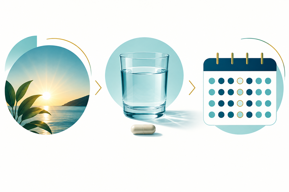 Morning, water and calendar illustration representing a consistent daily routine