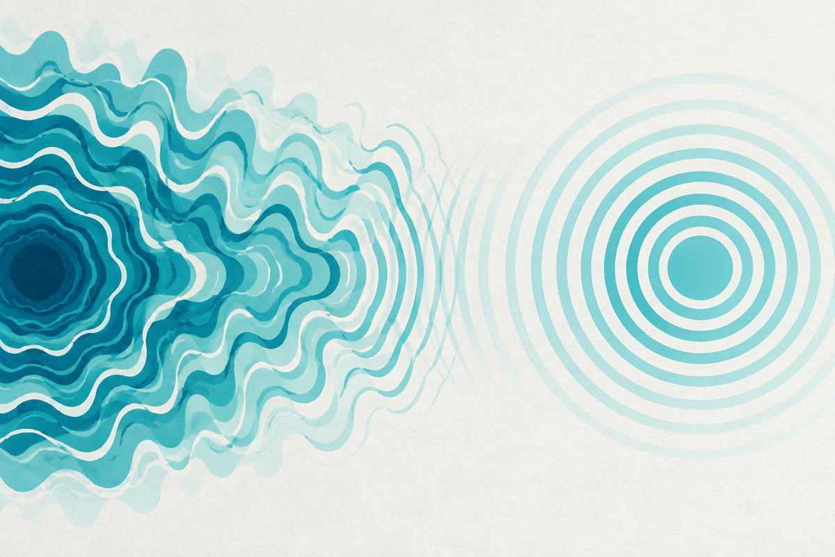 Abstract sound waves changing from irregular to calm concentric patterns